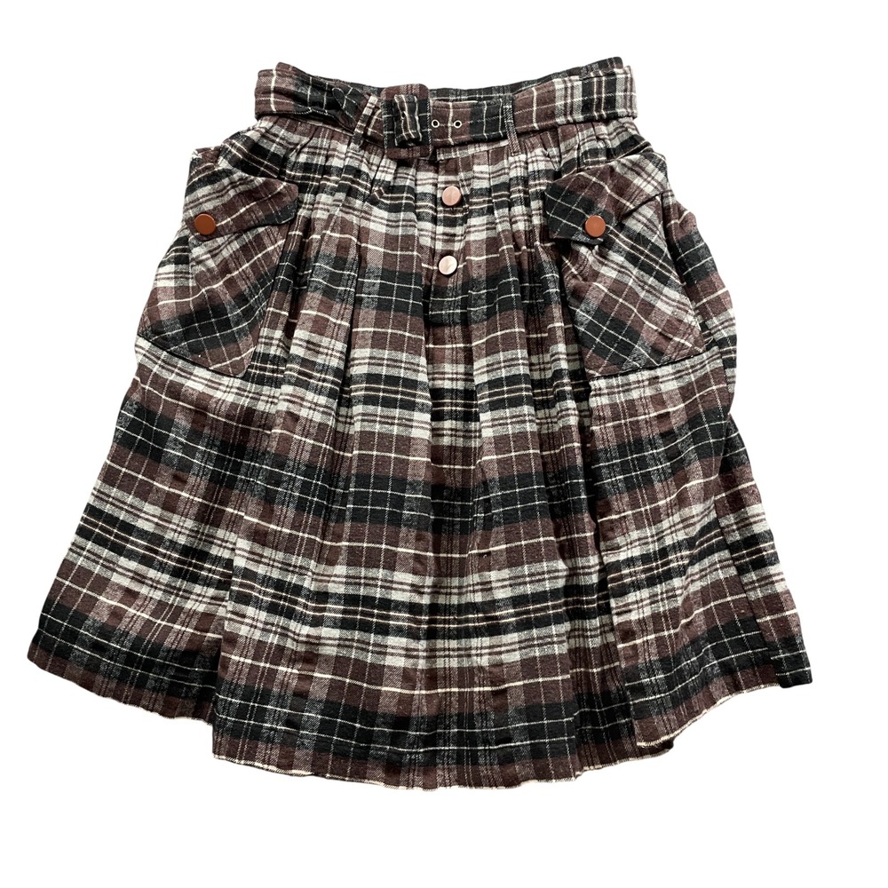 Bettie Page Brown XL‎ Belted Plaid Skirt Pleated Flannel Cotton Blend Lined